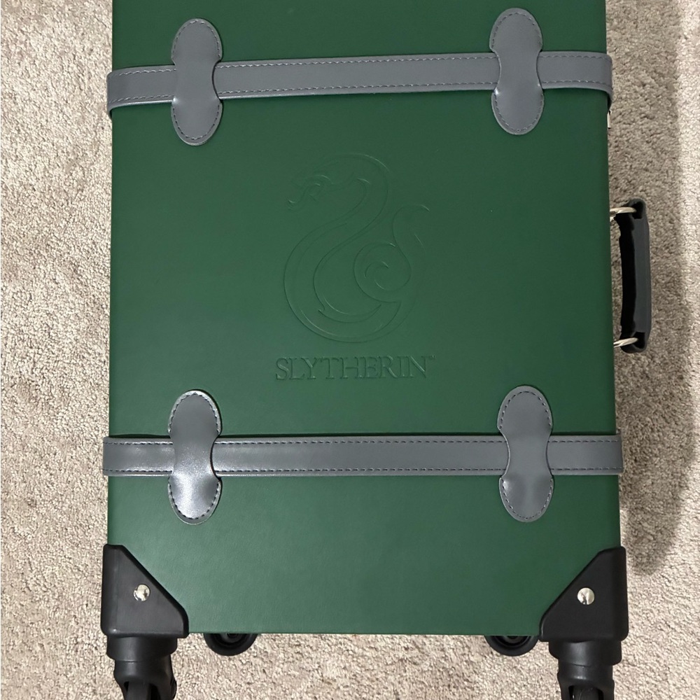 Authentic Slytherin Green Travel Suitcase with Gray Trim from Universal Studios